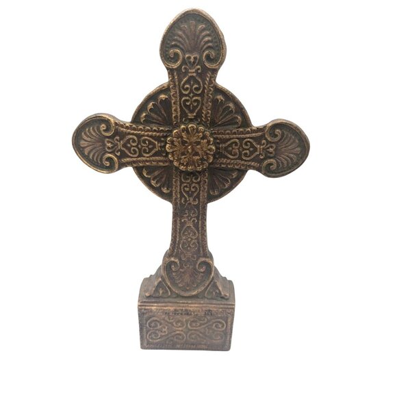 Antique-Style Decorative Cross Tabletop Ornate Resin Bronze Finish 12" Tall - Picture 2 of 12